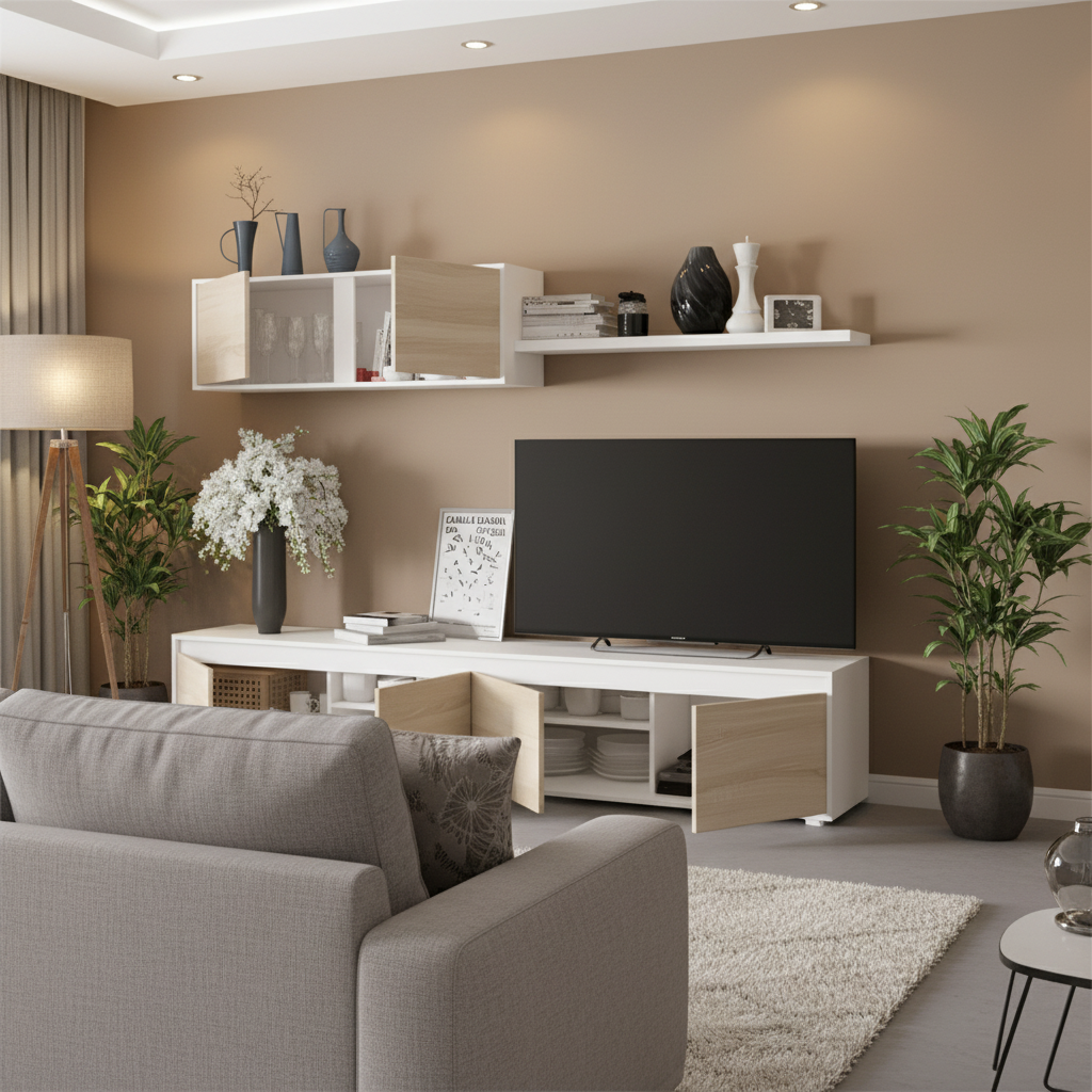 Tv Unit White & Wooden - TVUO48