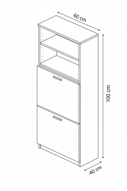 Tall wooden shoe cabinet with open door displaying shoes in a living room setting.