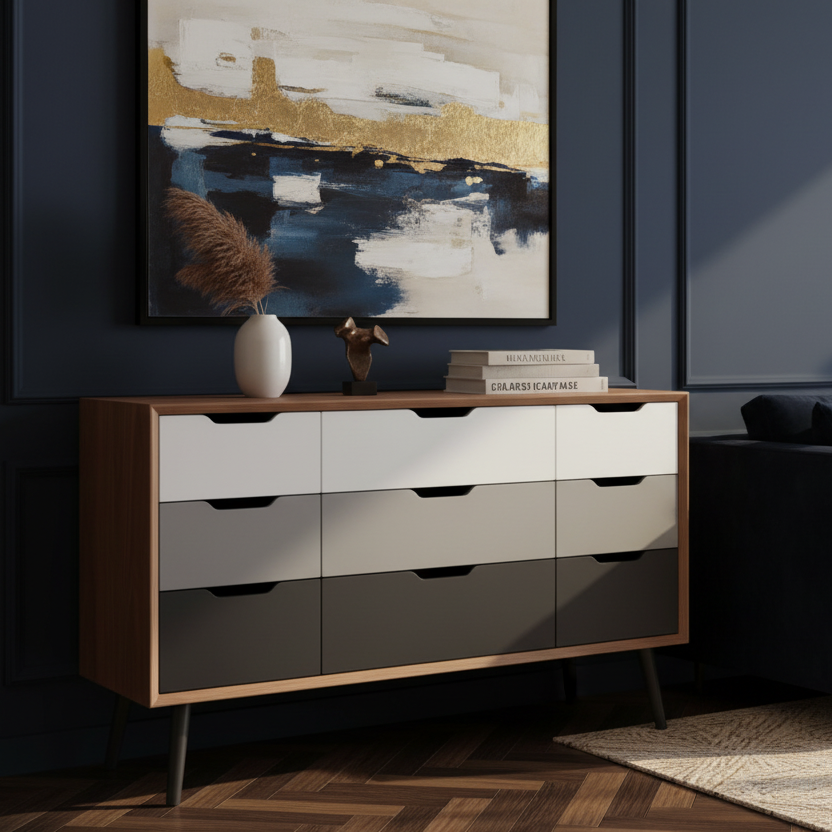 A mid-century modern 6-drawer dresser with a light oak wood frame, white and gray drawer fronts, and black legs, styled in a minimalist room with decorative items on top.