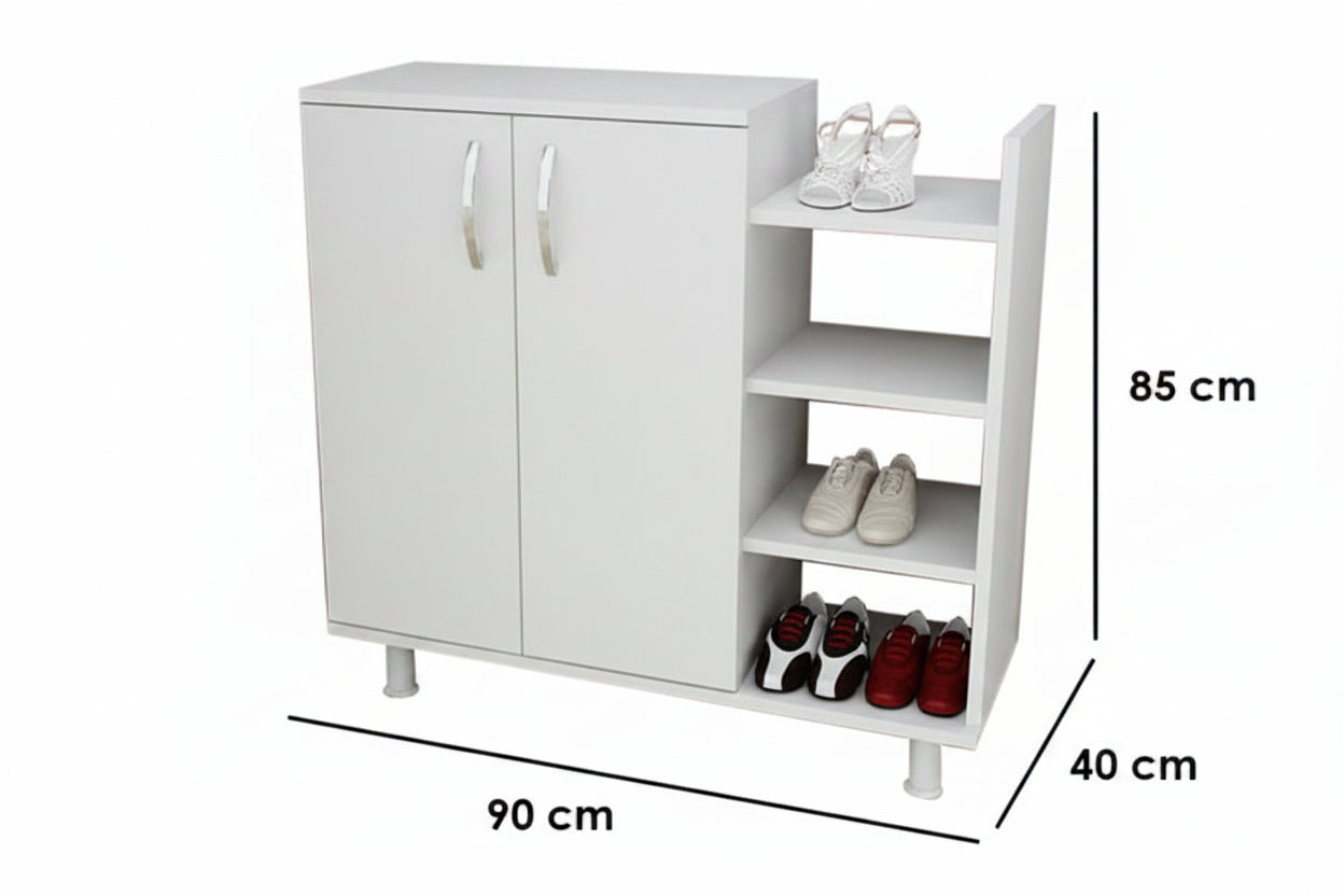 White shoe cabinet with two doors, open side shelves, and height/width/depth dimension labels, shown next to a black human silhouette indicating 180 cm height on a white background.