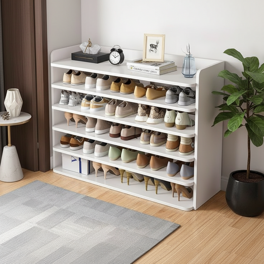 A white 5-tier shoe rack organizer filled with various casual, heeled, and flat shoes, styled in a home entryway setting with decorative items on top.