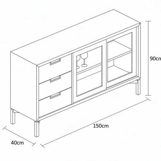 Wooden sideboard with black accents in a room setting