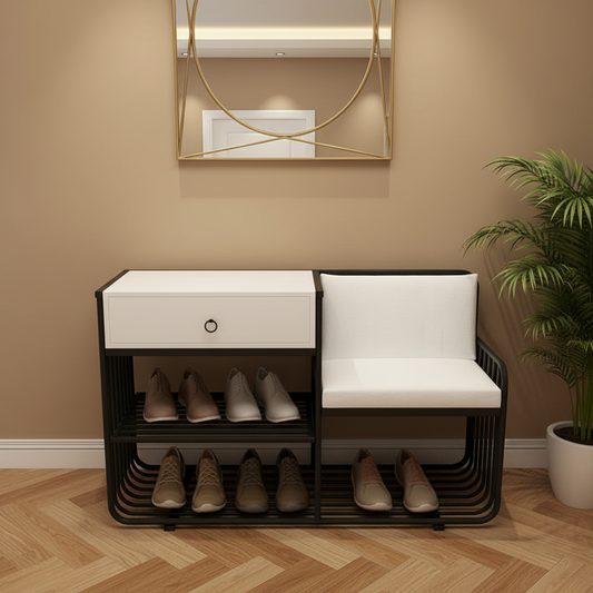 Steel and Mdf shoe bench black and white with 2 shelves 100x50x90 - SR15