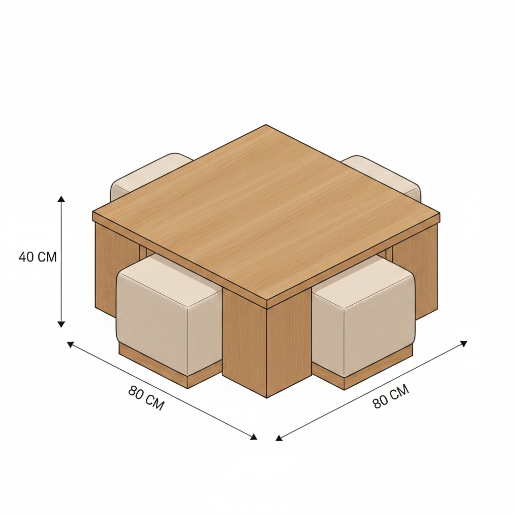 Wooden table with upholstered stools in a modern interior setting