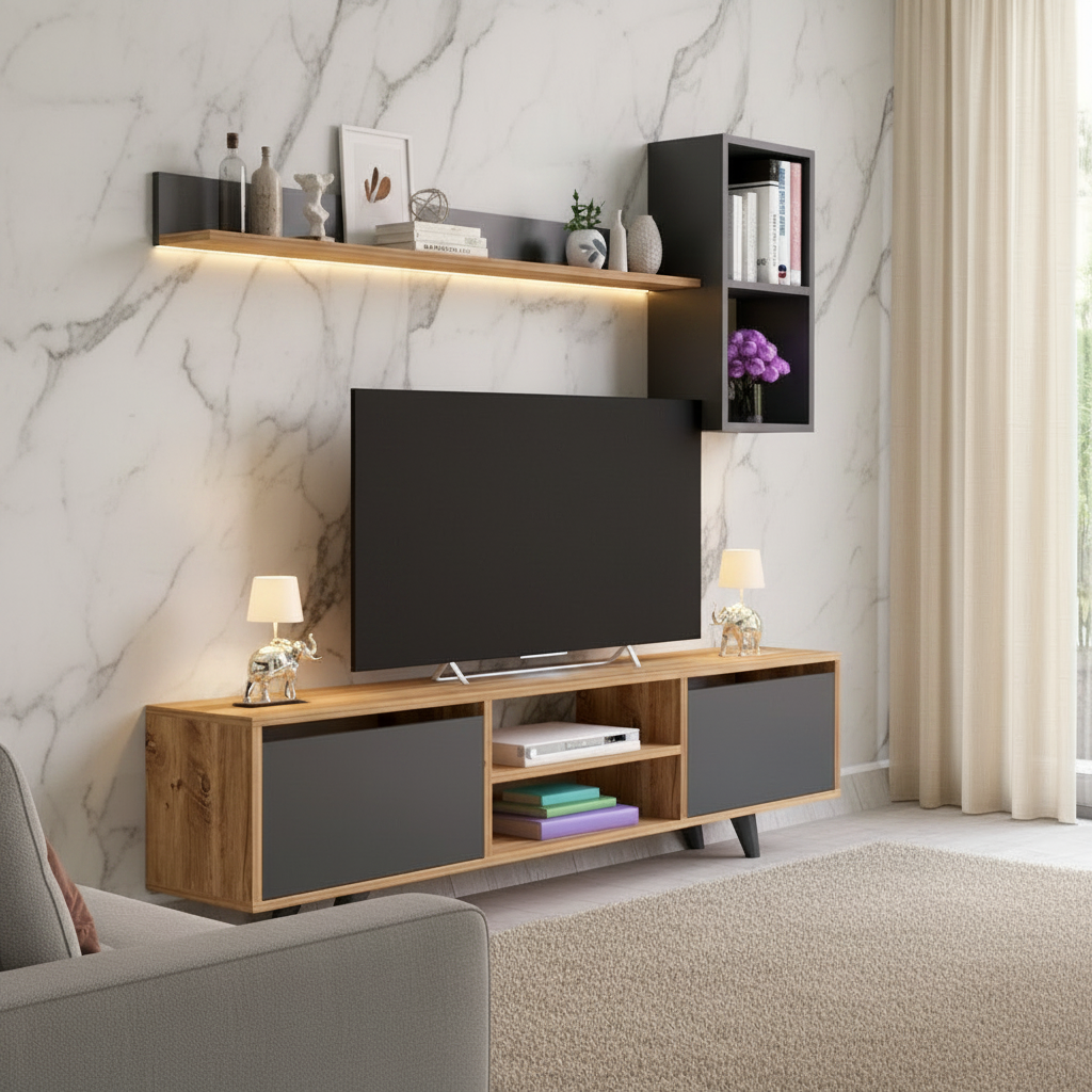 Tv Unit Wooden & Black - 160 x 40 x 40 cm - TVUO15
