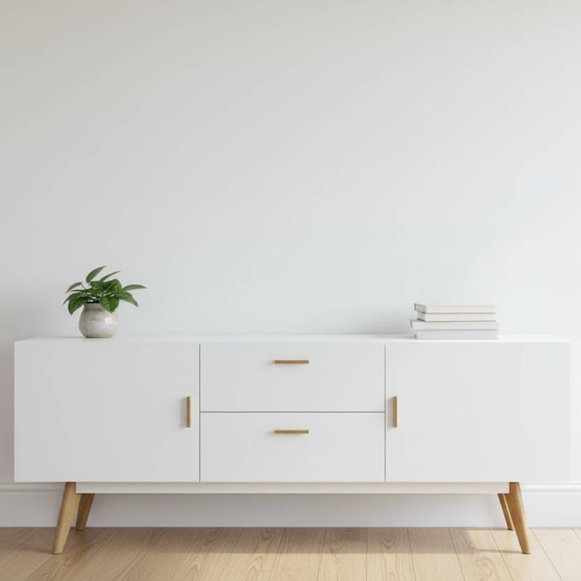 A modern white sideboard or credenza with gold-tone handles and tapered wooden legs, styled in a contemporary room with two table lamps, a clock, books, and a decorative vase. Above it hangs a large abstract painting on a dark gray wall.