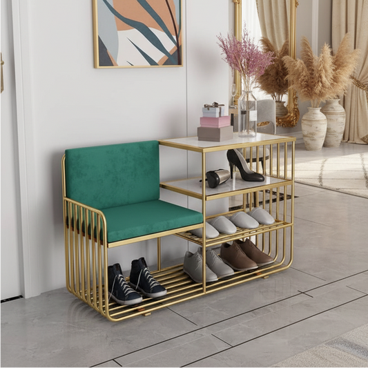 Steel shoe bench gold and green padding with 3 shelves mdf 120x45x90 - SR10