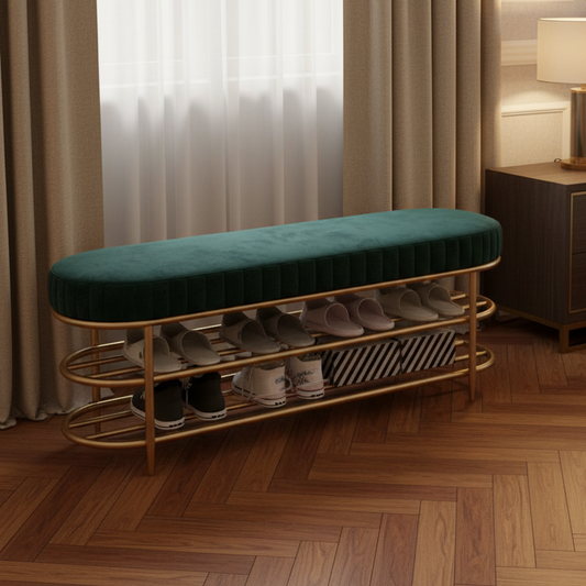 Steel gold shoe bench and green padding with 2 shelves 120x40x50 - SR12