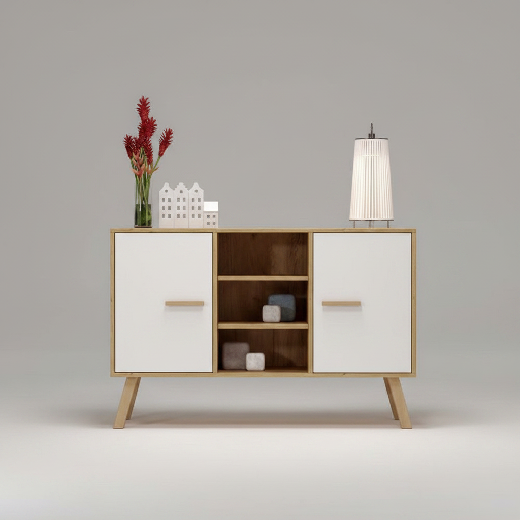 A modern sideboard cabinet with two white doors and open wooden shelves, styled in a minimalist living room setting.