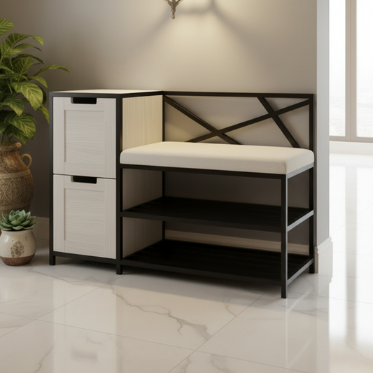 Steel and Mdf shoe bench black and white with 2 shelves 100x50x90 - SR20