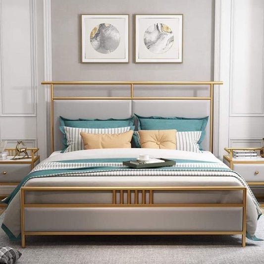 سرير كوين حديد مع تنجيد ذهبي وأبيض 150x140x200 - BED28