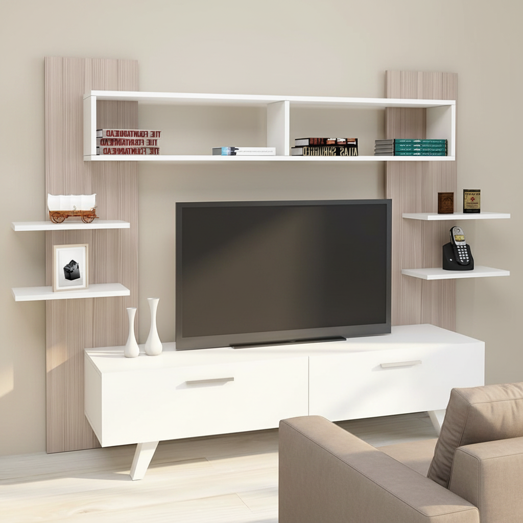 Tv Unit White & Wooden - TVUO49