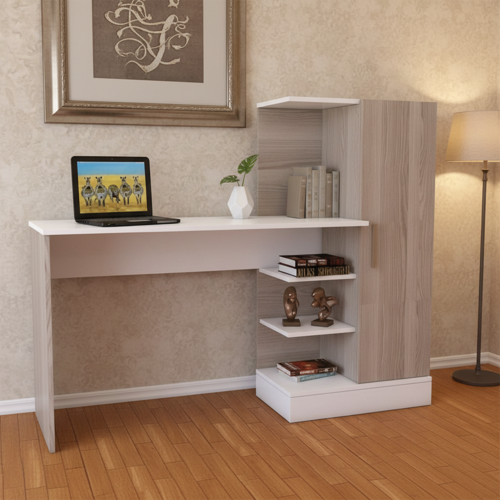 White desk with a laptop, books, and decorative items against a striped wall.