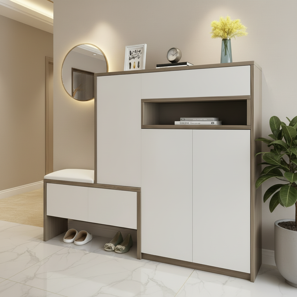 A modern entryway console cabinet with a white finish and light wood trim, featuring a built-in bench with a white cushion, open shelf, and shoe storage area. The cabinet is styled with decorative items on top and shoes underneath, set against a dusty pink wall.