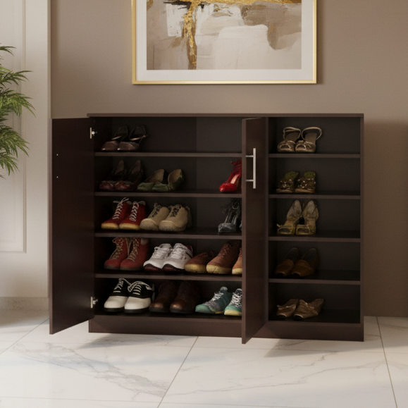 A dark brown wooden shoe cabinet with two open doors and five shelves, filled with various pairs of shoes, shown in a room setting.