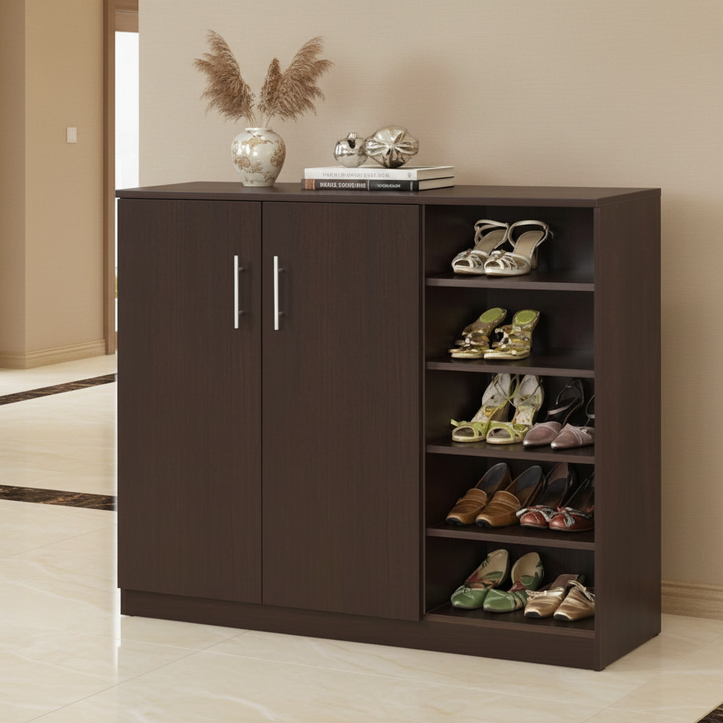 A dark brown wooden entryway shoe cabinet with two doors on the left and four open shelves on the right, shown in a room setting with shoes displayed on the shelves.