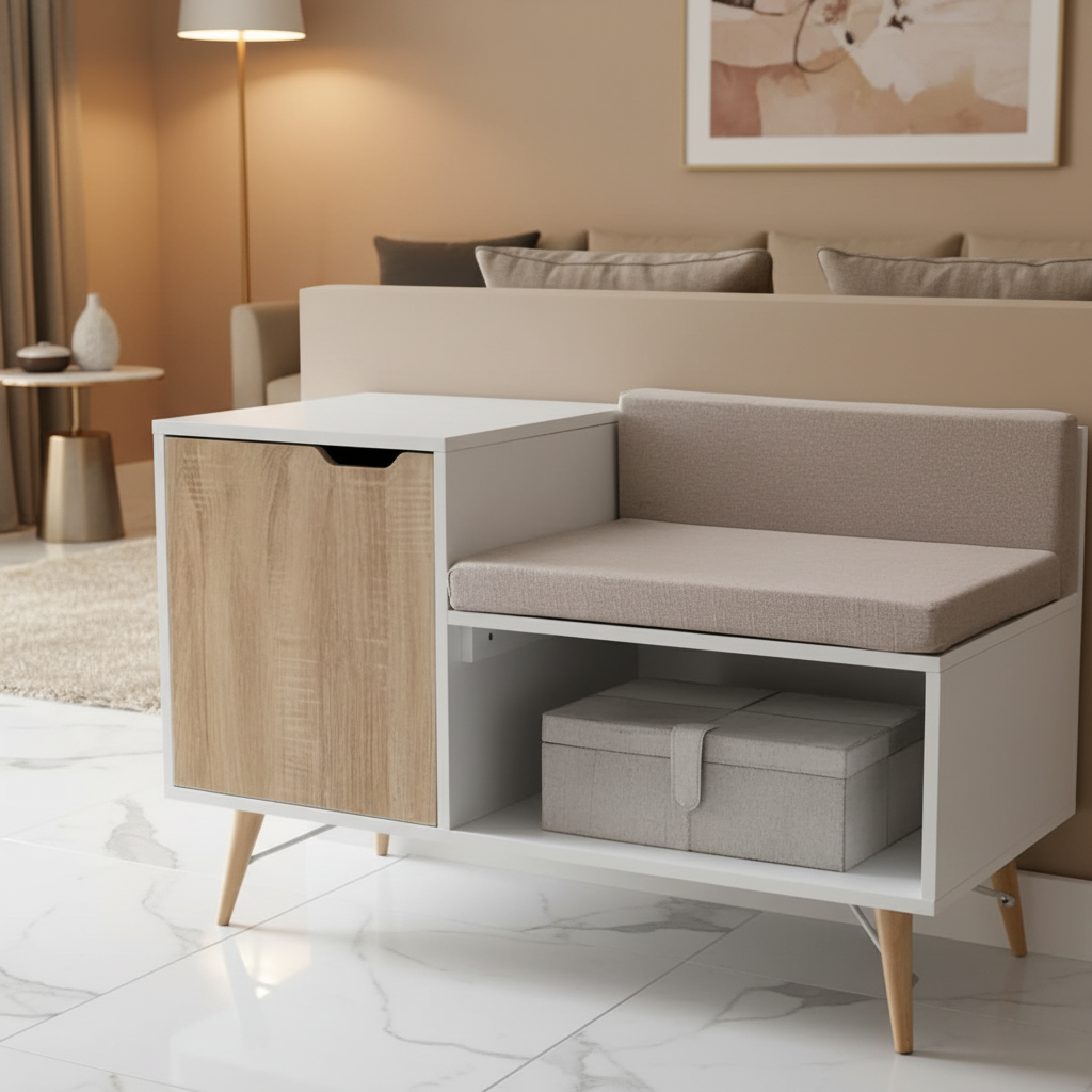 A modern white bench with a light beige upholstered seat cushion, a wood-look cabinet door, and tapered wooden legs, styled in a room setting with a potted plant and storage box.