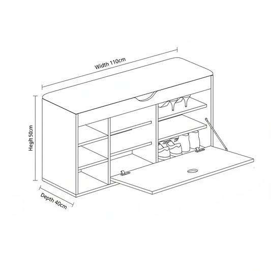 Wooden shoe cabinet with open door displaying shoes, placed against a white wall.