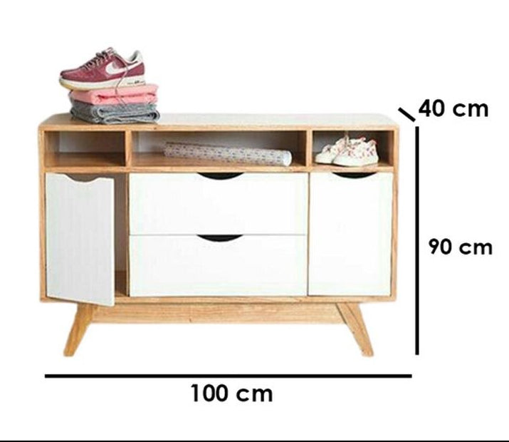 Furniture with dimensions shown relative to a standing person