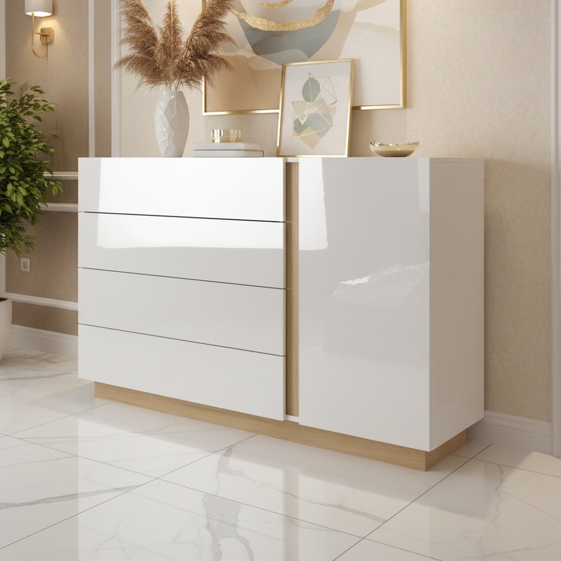 White dresser with wooden accents in a room setting