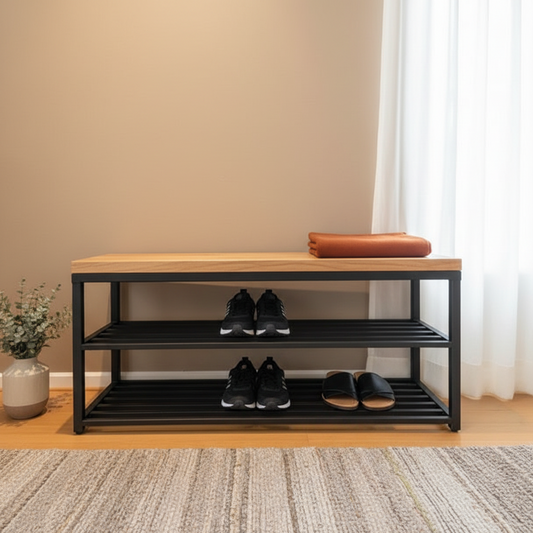 Steel shoe bench black AND wood 120x40x50 - SR23