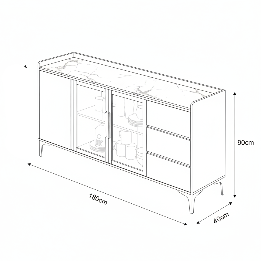 A modern black sideboard cabinet with glass doors and drawers, styled in a contemporary living room setting with a marble-look top and decorative items.