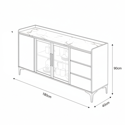 A modern black sideboard cabinet with glass doors and drawers, styled in a contemporary living room setting with a marble-look top and decorative items.