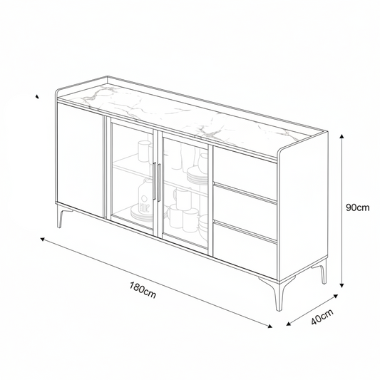 A modern black sideboard cabinet with glass doors and drawers, styled in a contemporary living room setting with a marble-look top and decorative items.