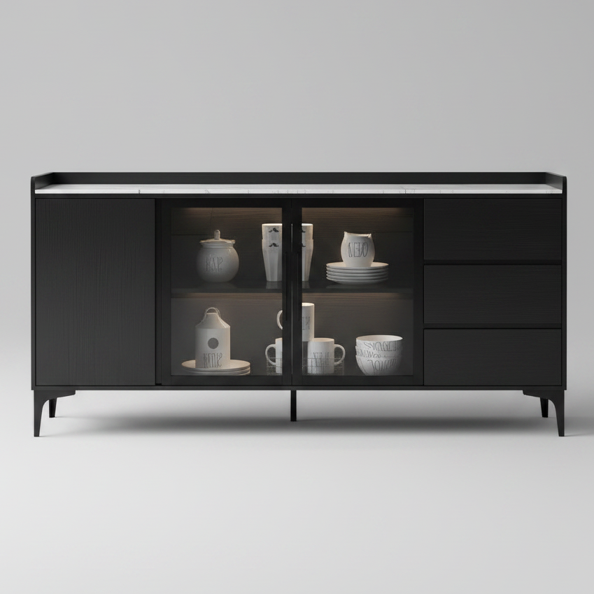 A modern black sideboard cabinet with glass doors and drawers, styled in a contemporary living room setting with a marble-look top and decorative items.