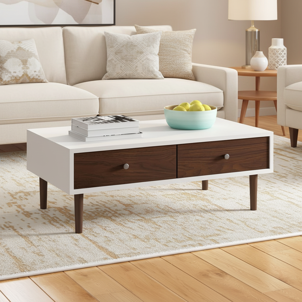 A modern white coffee table with two dark wood drawers and tapered legs, styled in a bright living room with a cream sofa, patterned pillows, a bowl of fruit, and books on top.