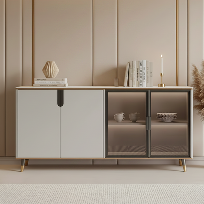 Modern sideboard with glass doors in a room with abstract art and decor.