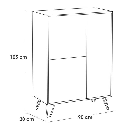 A simple line drawing of a two-door cabinet with dimension labels showing 105 cm height, 90 cm width, and 30 cm depth, plus a small homzmart logo in the lower right on a white background.
