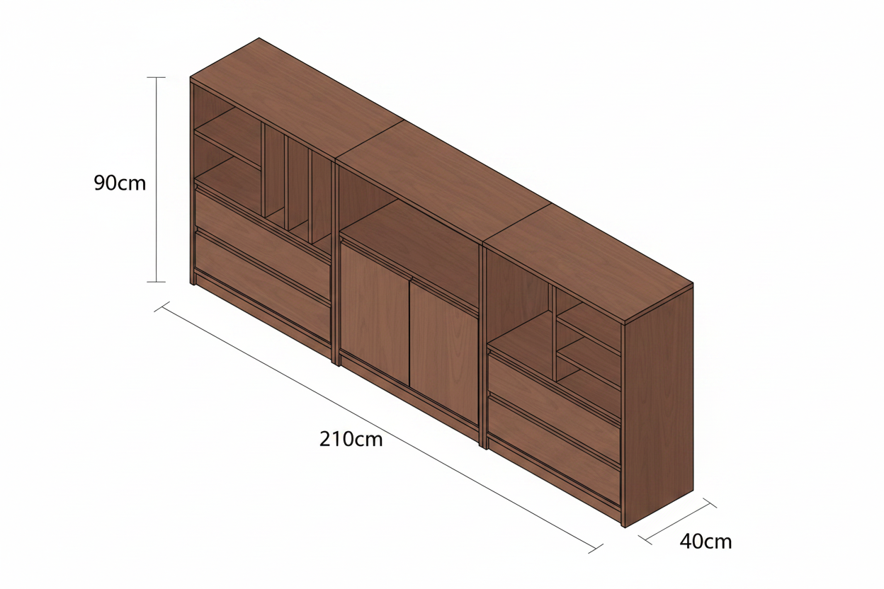 Wooden entertainment console with shelves and drawers against a green wall.