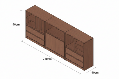 Wooden entertainment console with shelves and drawers against a green wall.