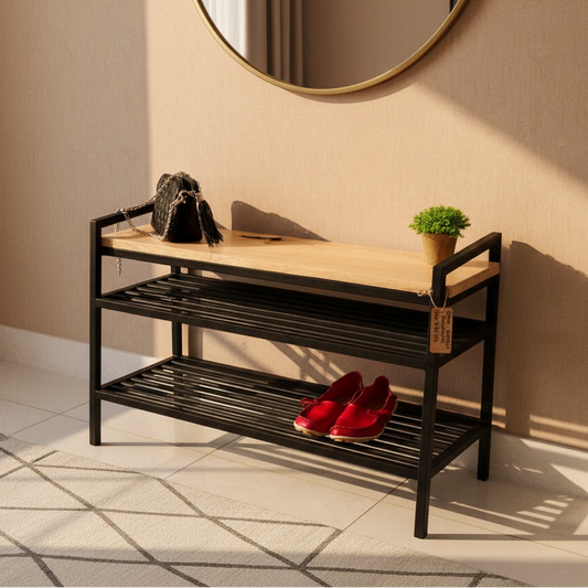 Steel shoe bench black and wood 100x40x80 - SR24