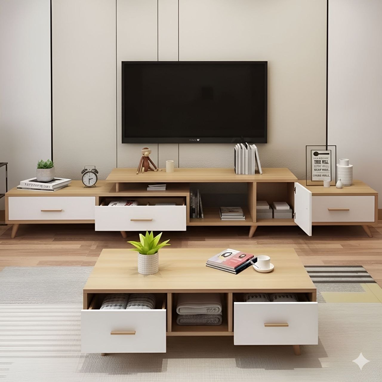 Living Room Set White & Wooden - 220 x 40 x 40 cm - TVCT15