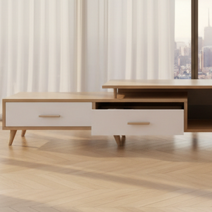 Wooden TV stand with drawers in a room with large windows and curtains.