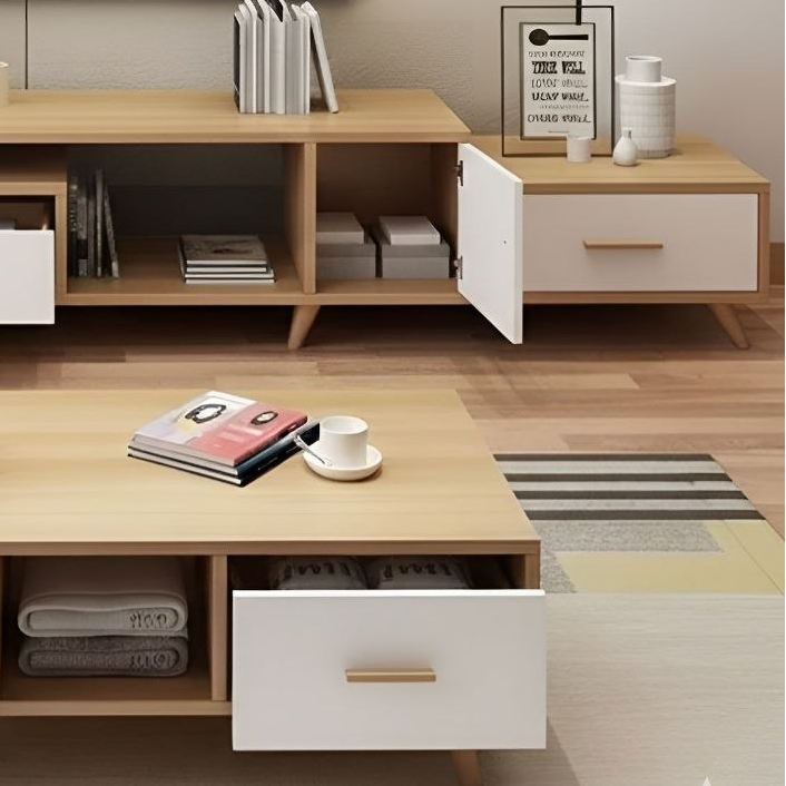 Living Room Set White & Wooden - 220 x 40 x 40 cm - TVCT15
