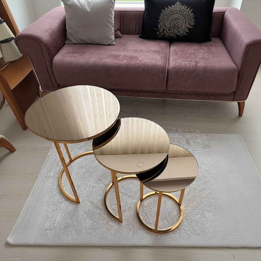 stanless steel and glass nesting and side table gold 3 pieces - CC16
