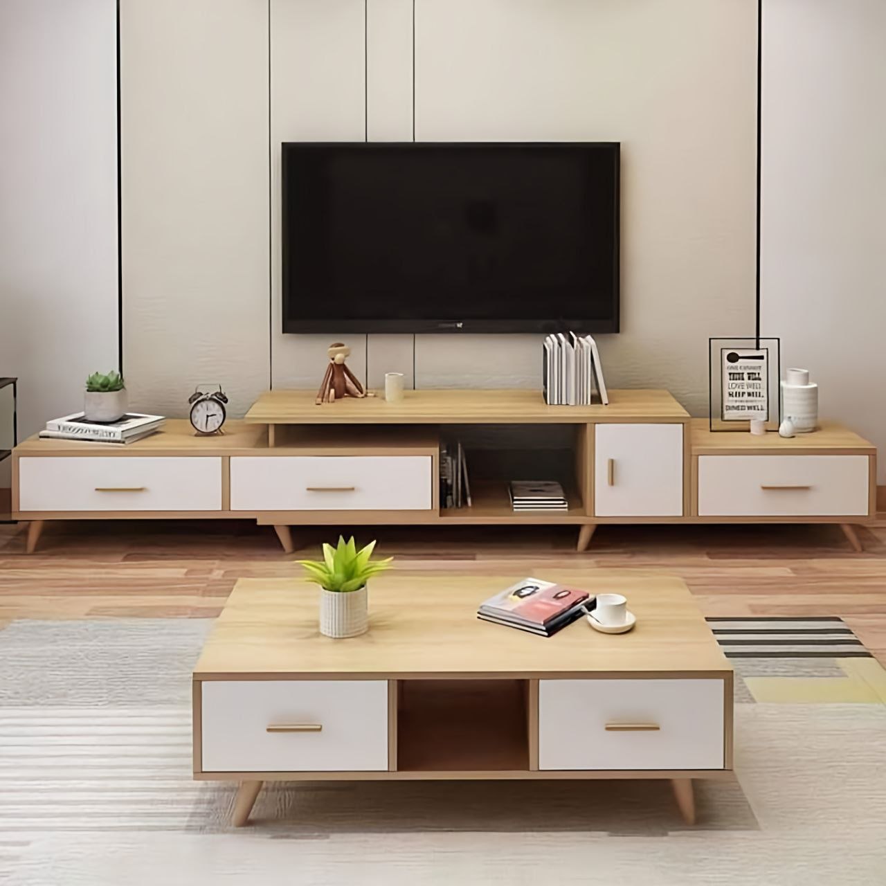 Living Room Set White & Wooden - 220 x 40 x 40 cm - TVCT15