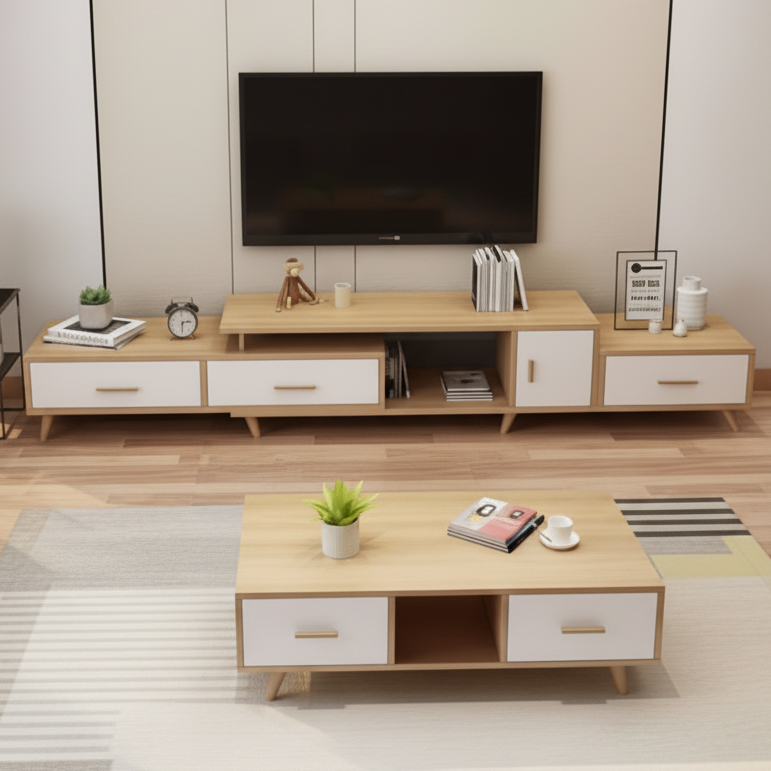 Modern living room with wooden TV stand and coffee table, featuring a television and decorative items.