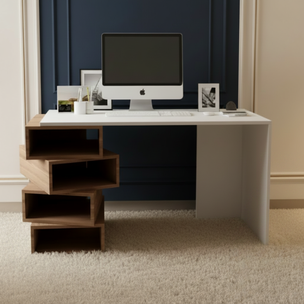 Modern office desk with computer setup in a room with beige walls and carpet.