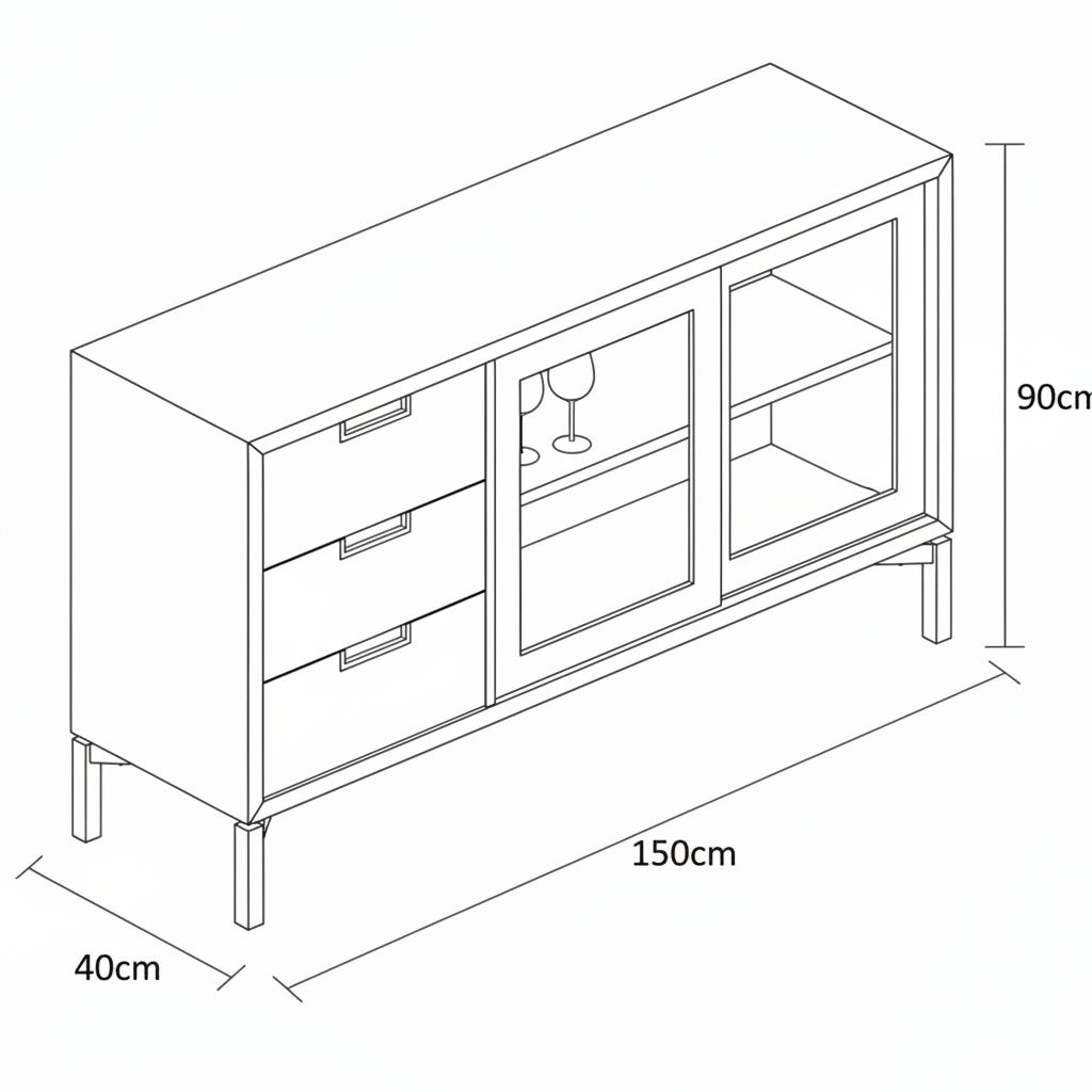 Wooden sideboard with black accents in a room setting