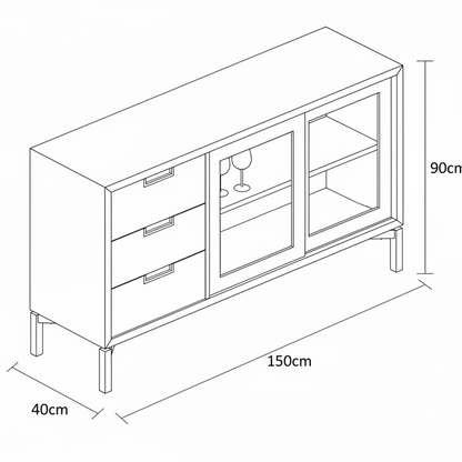 Wooden sideboard with black accents in a room setting