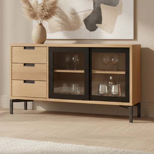 A mid-century modern sideboard cabinet with a light oak wood finish, three drawers on the left, and two glass doors with black frames on the right, shown on a neutral gray background.
