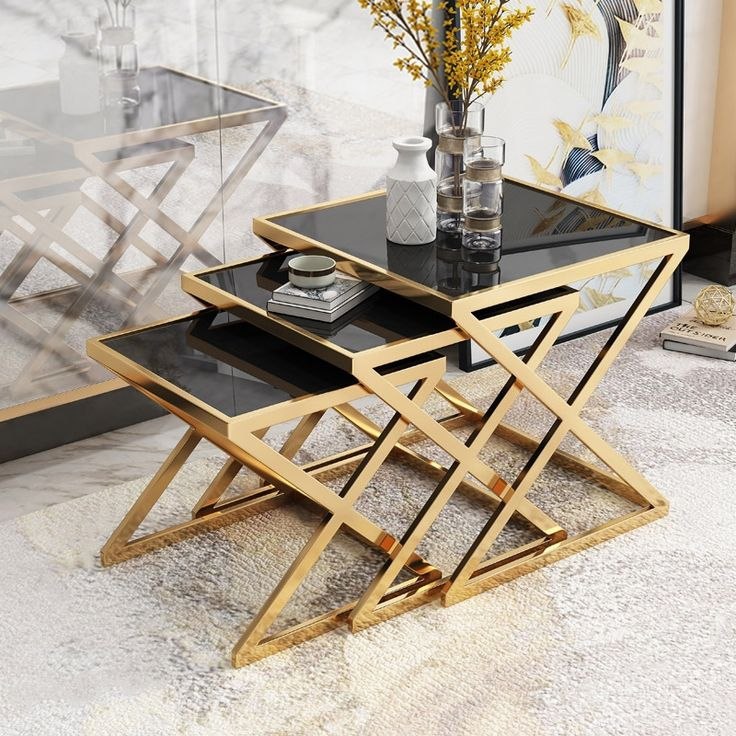 stainless steel and glass nesting .center and side table gold 3 pieces - CC18