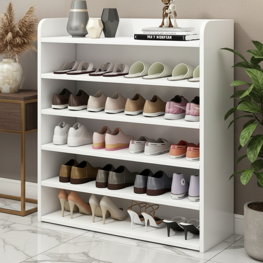 A tall white 5-tier shoe rack organizer filled with various shoes, shown in a home entryway setting with a wooden floor, potted plants, and a sofa.