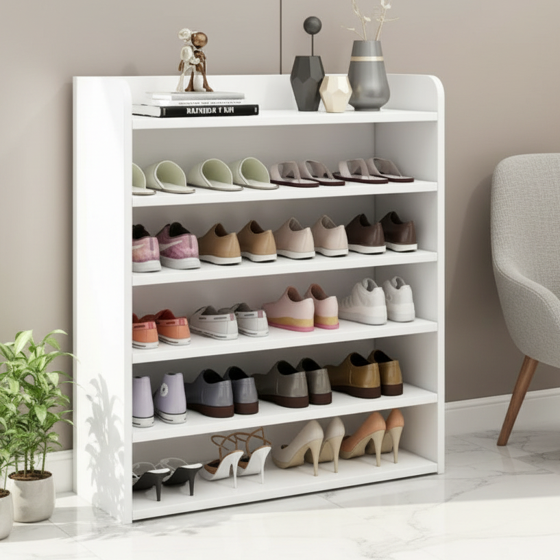 A tall white 5-tier shoe rack filled with various shoes, styled in a modern living room setting next to a gray armchair and potted plants.