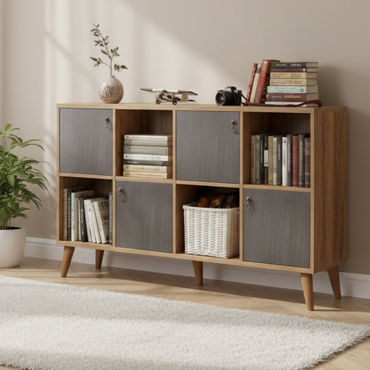 A mid-century modern wooden storage cabinet with a natural oak finish, featuring dark gray paneled doors and open cubbies, styled in a room setting with a brick wall and shelving.