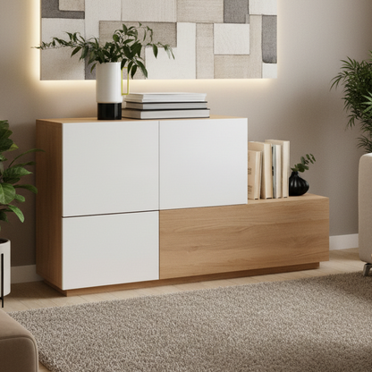 Modern sideboard with white doors and wooden front against a gray wall.